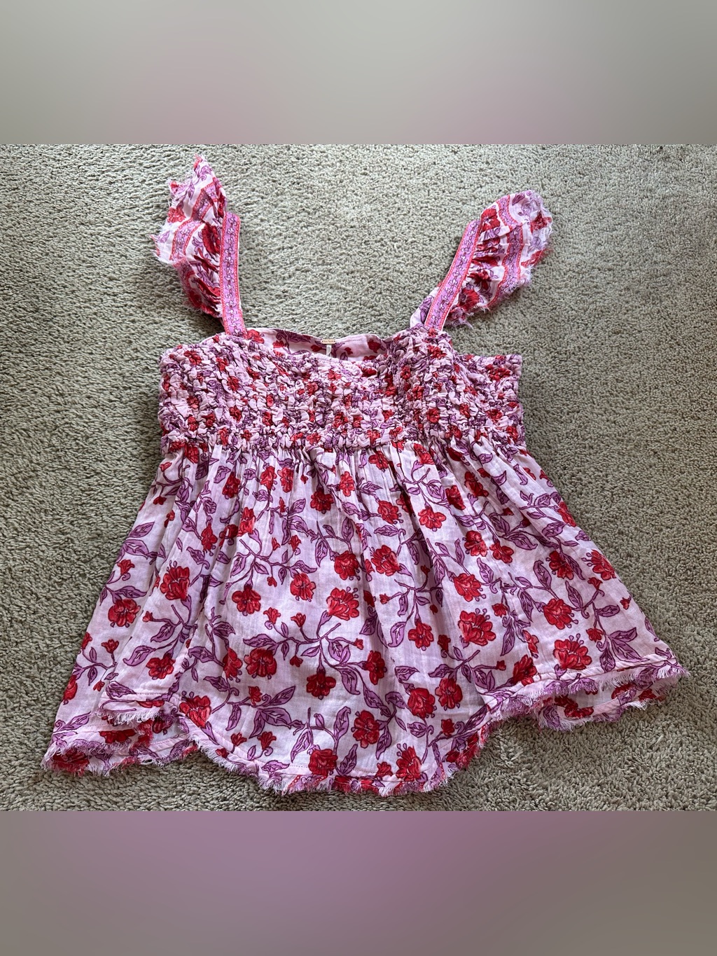 Free People Floral Smocked Pink Tank Top With Ruffle Straps.